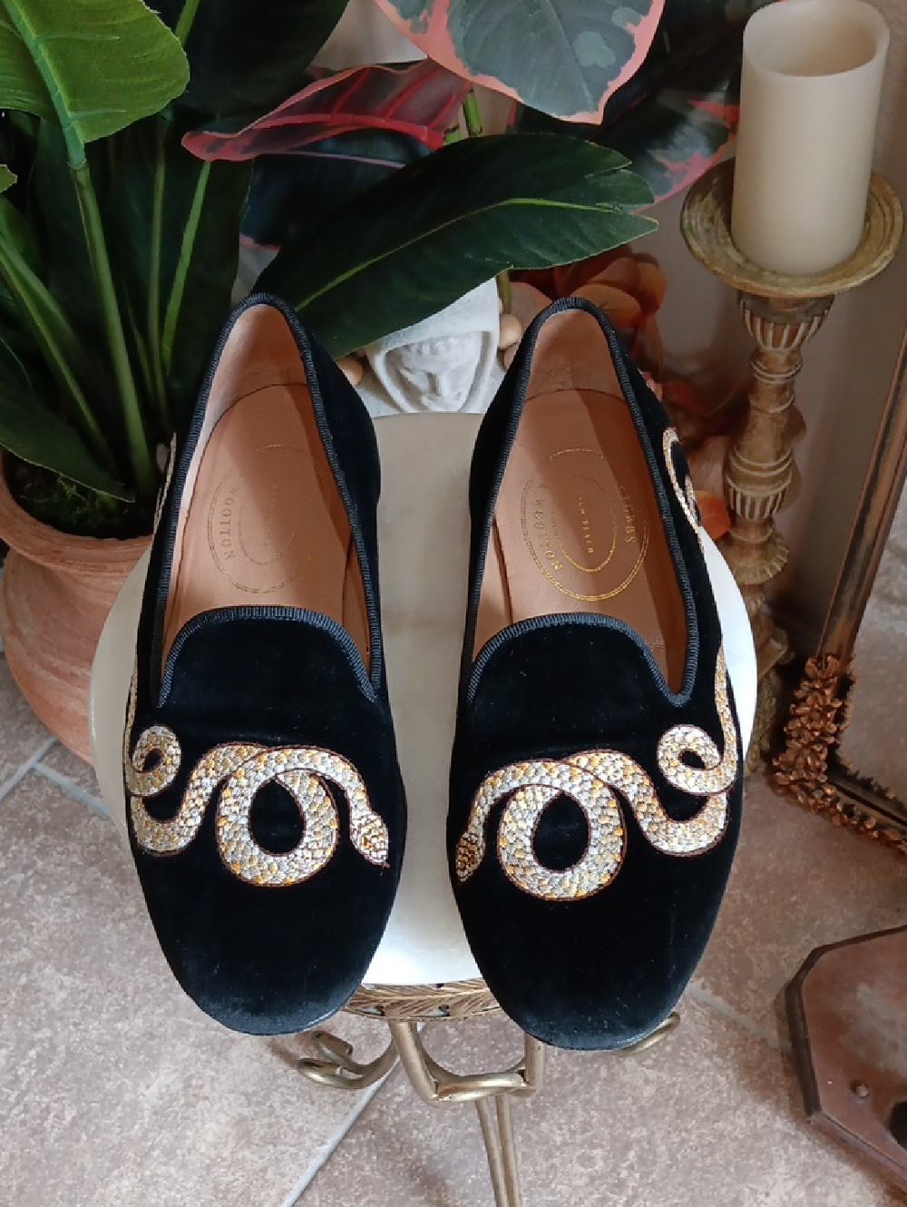 Men’s Stubbs & Wootton Black Velvet Loafers with Gold Crystal Embellishment